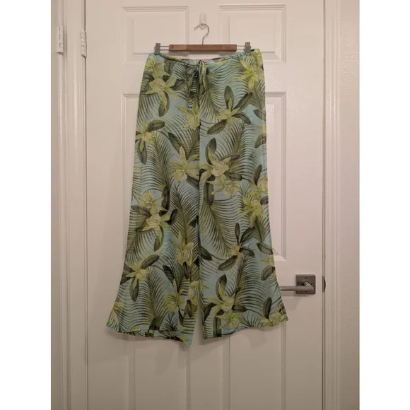 Women's Tommy Bahama Green Blue Floral Tropical Wide Leg Pants Swim Cover Up L - Picture 2 of 7